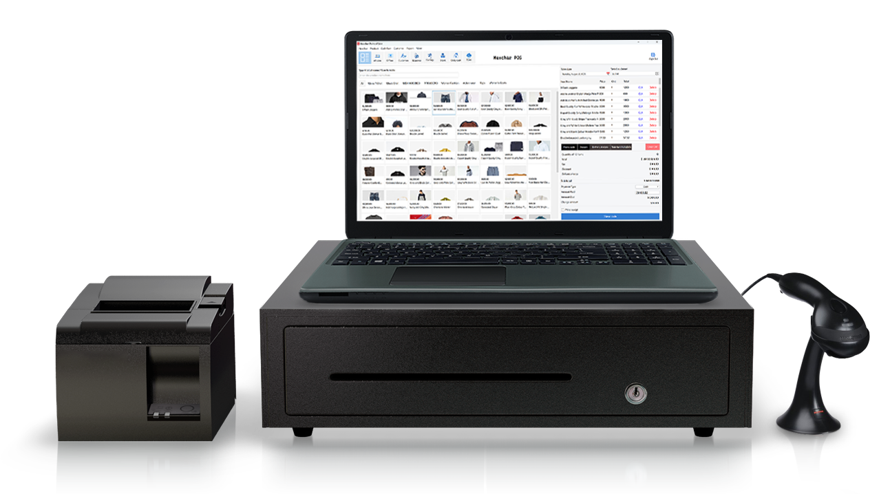 A complete point-of-sale bundle: laptop terminal on a cash drawer with receipt printer and barcode scanner, running billing software